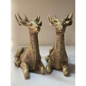 Gold Tone Deer Statue Fireplace Mantel Decor Pair